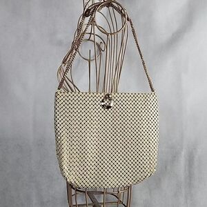 Vintage Whiting & Davis Ivory Mesh Bag with Gold Tone Double Chain Shoulder Bag